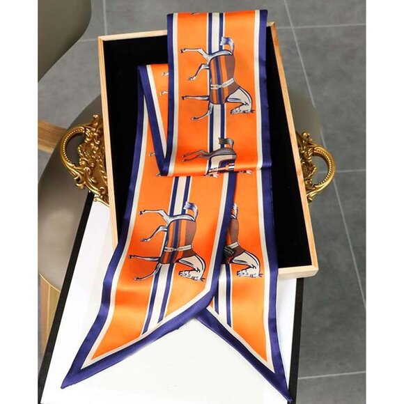 Women's Orange Blue Horse Fashion Oblique Angle Silk Neck Scarf Printed Scarves - Picture 6 of 7